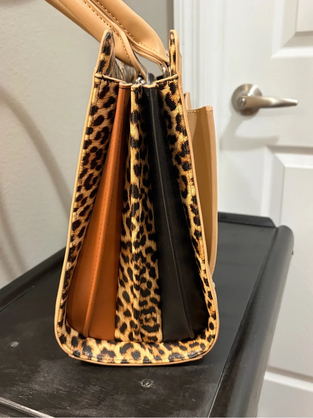 Sassy Jones Beige Satchel with Leopard Panels
